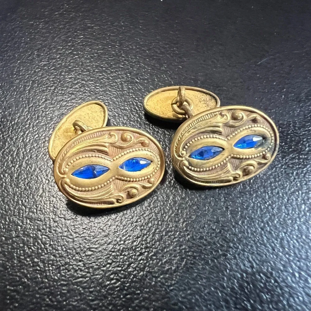 Vintage Mens Cufflinks Gold Tone Blue Glass Art Deco Oval Chain Link